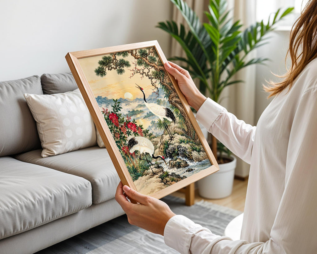 Red Crowned Crane Print, Japanese Wall Art, Vintage Pine Landscape Poster, Oriental Bird Painting