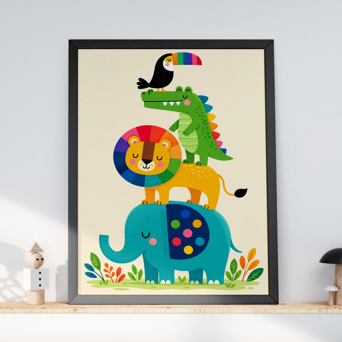 Rainbow Animal Stack Nursery Print, Elephant Lion Crocodile Toucan, Colourful Kids Room Wall Art