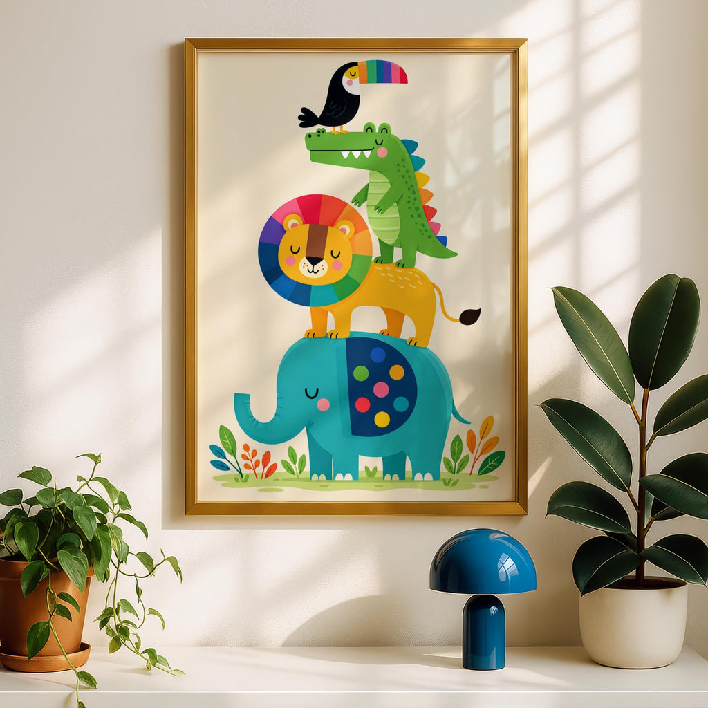Rainbow Animal Stack Nursery Print, Elephant Lion Crocodile Toucan, Colourful Kids Room Wall Art