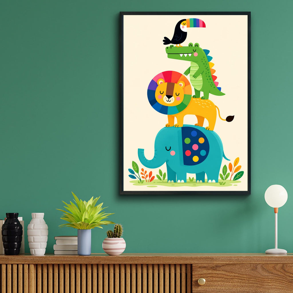Rainbow Animal Stack Nursery Print, Elephant Lion Crocodile Toucan, Colourful Kids Room Wall Art