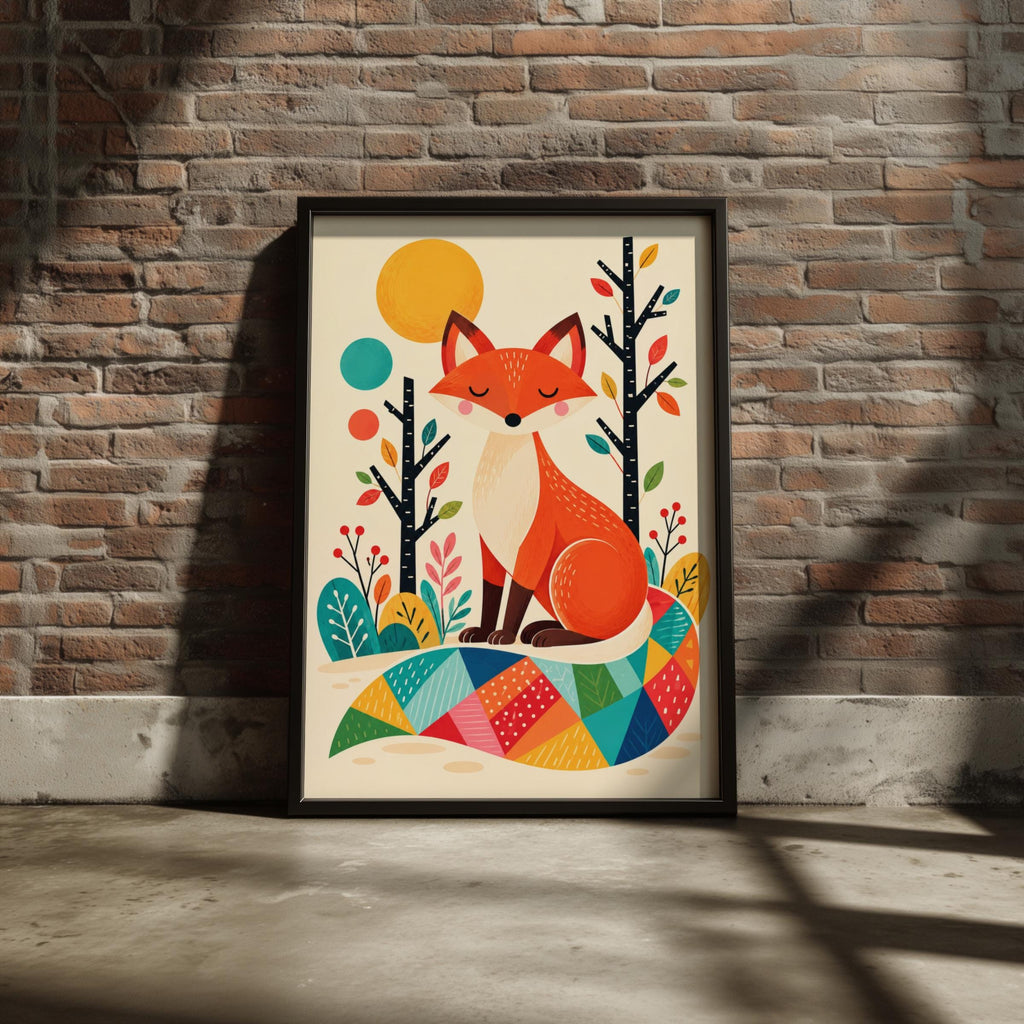 Scandinavian Fox Wall Art, Colourful Woodland Animal Print, Nursery Poster, Folk Art Forest