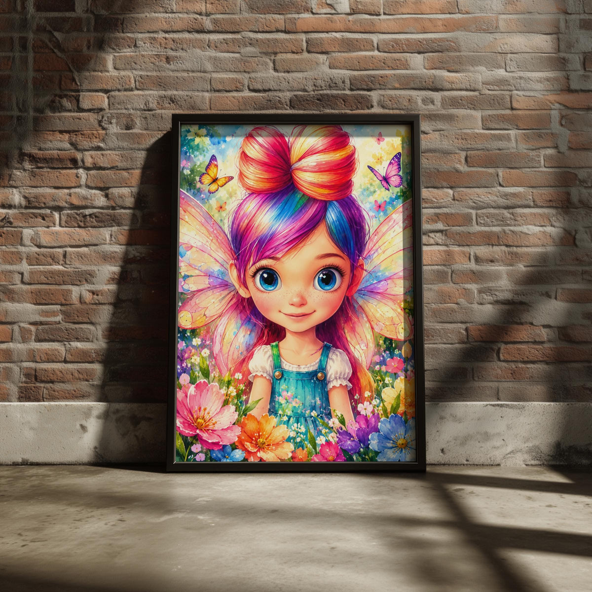Rainbow Fairy Garden Watercolour Print, Cute Fairy Girl Poster, Butterfly Flower Nursery Wall Art