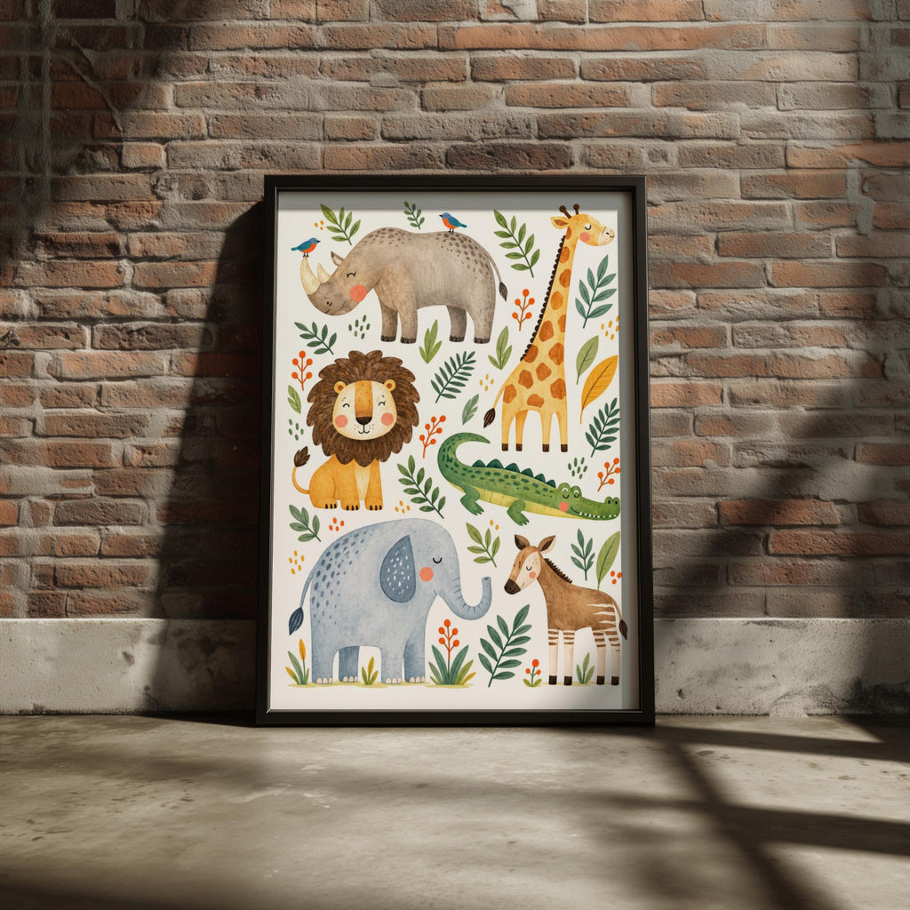 Safari Animals Nursery Print, Watercolour Lion Elephant Giraffe Poster, Kids Room Wall Art Decor