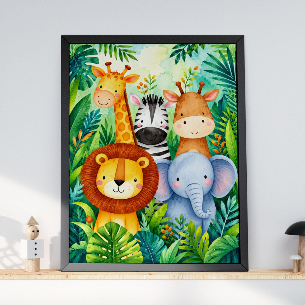 Safari Animals Nursery Print, Jungle Watercolour Wall Art, Lion Zebra Elephant Giraffe Kids Poster