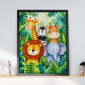 Safari Animals Nursery Print, Jungle Watercolour Wall Art, Lion Zebra Elephant Giraffe Kids Poster