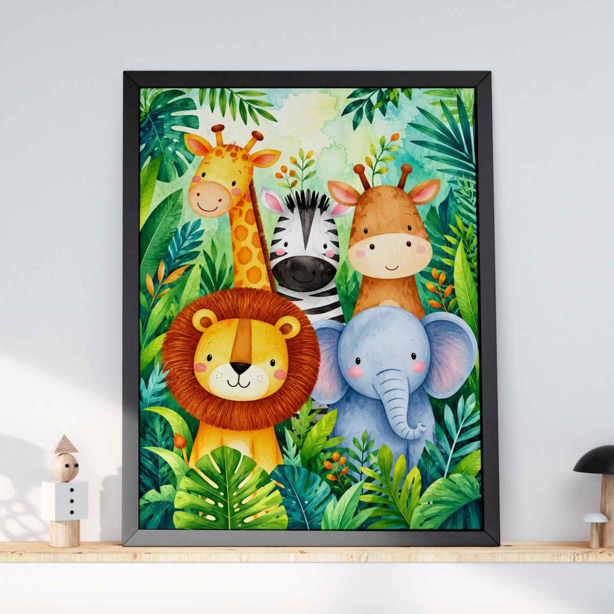 Safari Animals Nursery Print, Jungle Watercolour Wall Art, Lion Zebra Elephant Giraffe Kids Poster