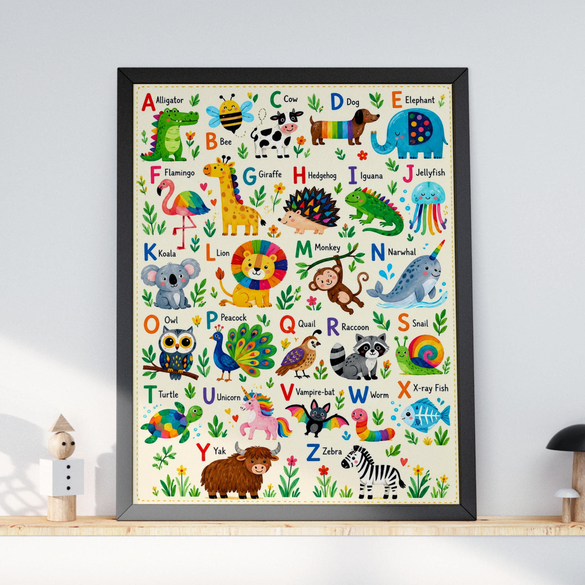 Animal Alphabet Poster, Rainbow ABC Nursery Wall Art, Colourful Kids Bedroom Print, Playroom Decor