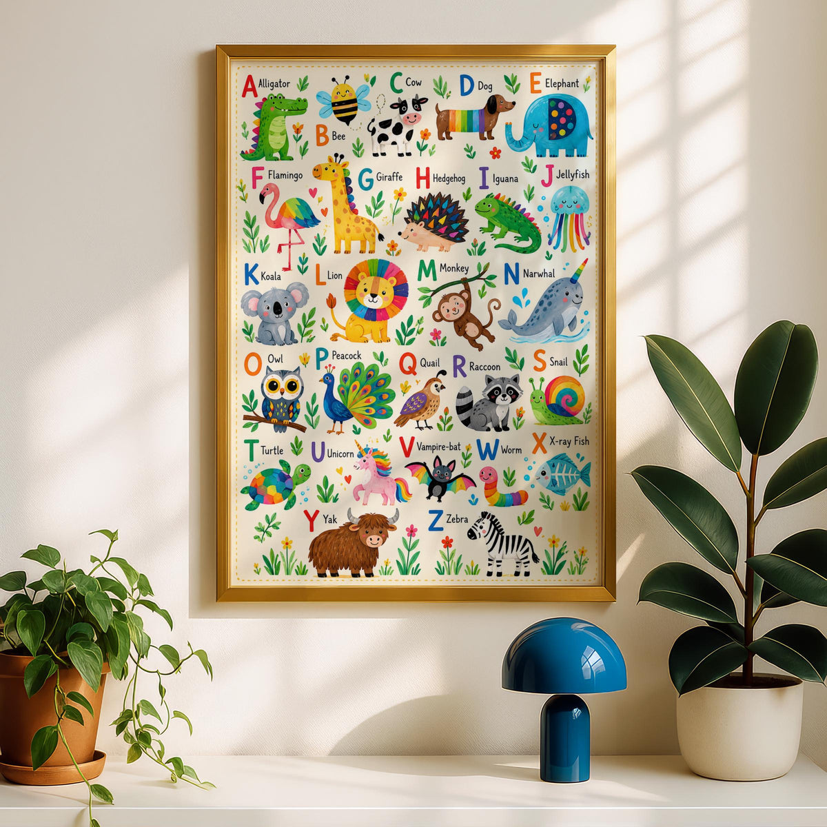 Animal Alphabet Poster, Rainbow ABC Nursery Wall Art, Colourful Kids Bedroom Print, Playroom Decor