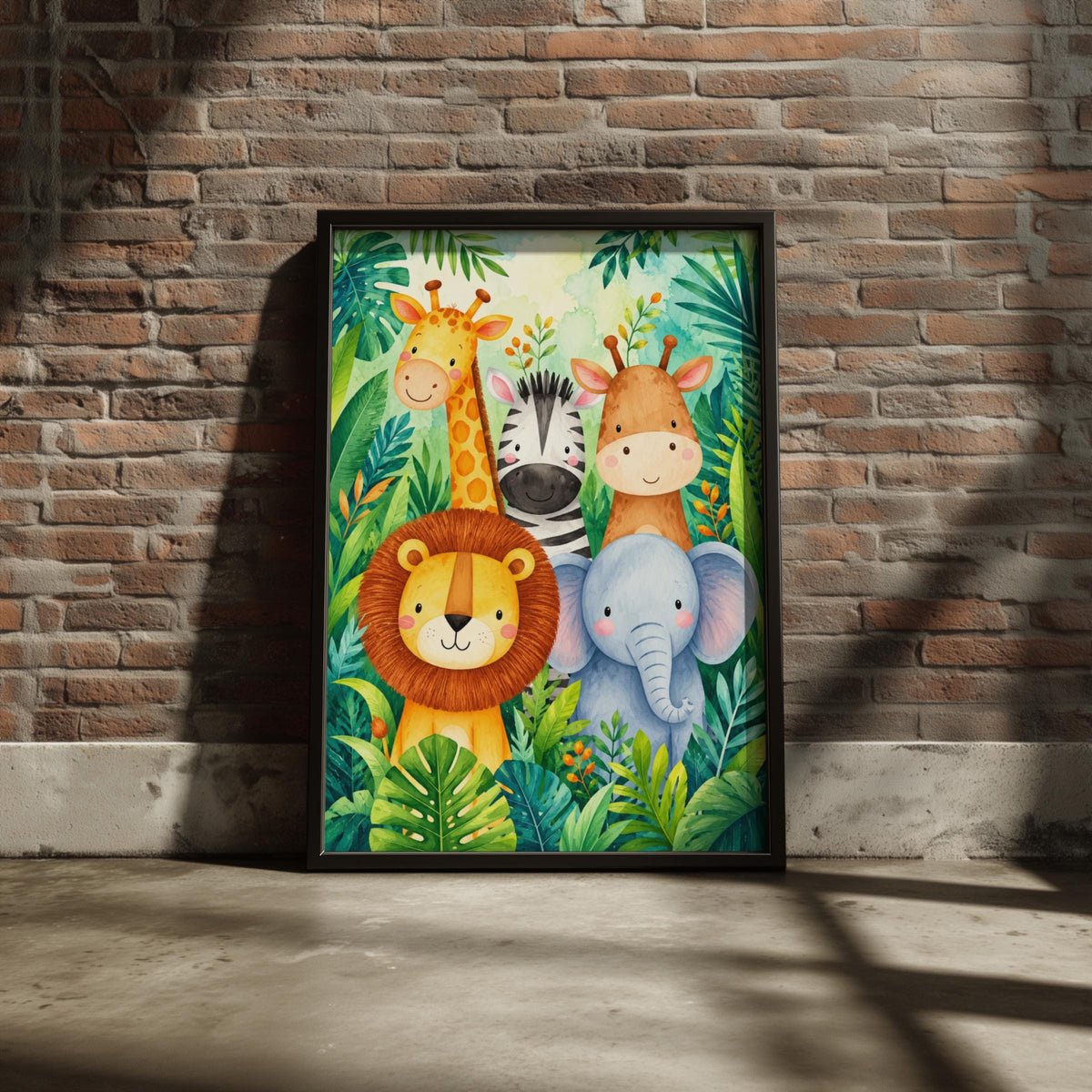 Safari Animals Nursery Print, Jungle Watercolour Wall Art, Lion Zebra Elephant Giraffe Kids Poster
