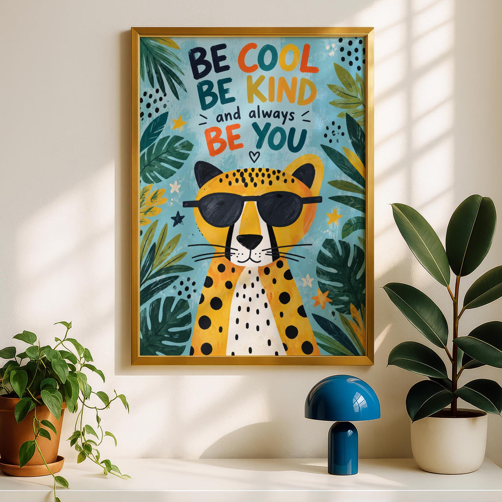 Cheetah Nursery Wall Art, Be Cool Be Kind Print, Kids Room Poster, Jungle Animal Quote
