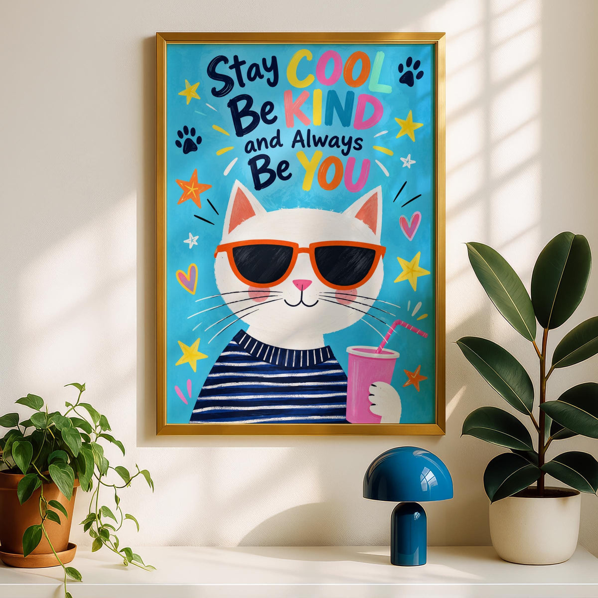 Cool Cat Poster, Stay Cool Be Kind Quote Print, Colourful Kids Room Wall Art, Cute Nursery Decor