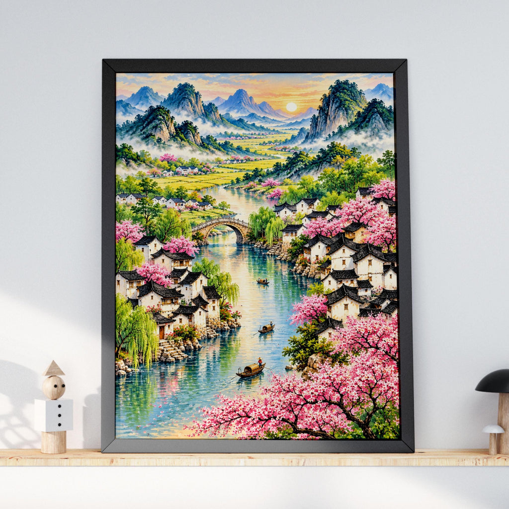 Chinese River Village Cherry Blossom Poster, Spring Landscape Wall Art, Watercolour Mountain Art
