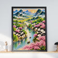 Chinese River Village Cherry Blossom Poster, Spring Landscape Wall Art, Watercolour Mountain Art