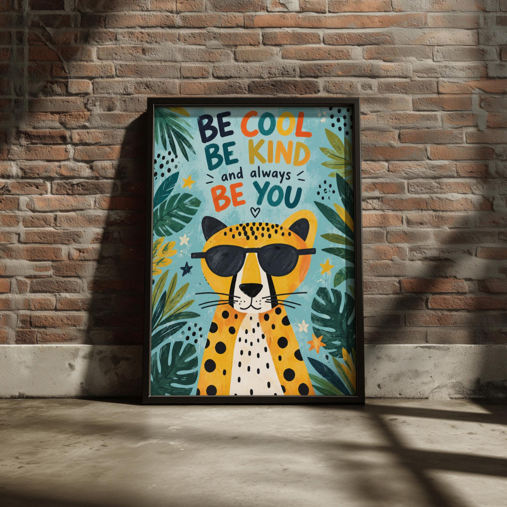 Cheetah Nursery Wall Art, Be Cool Be Kind Print, Kids Room Poster, Jungle Animal Quote