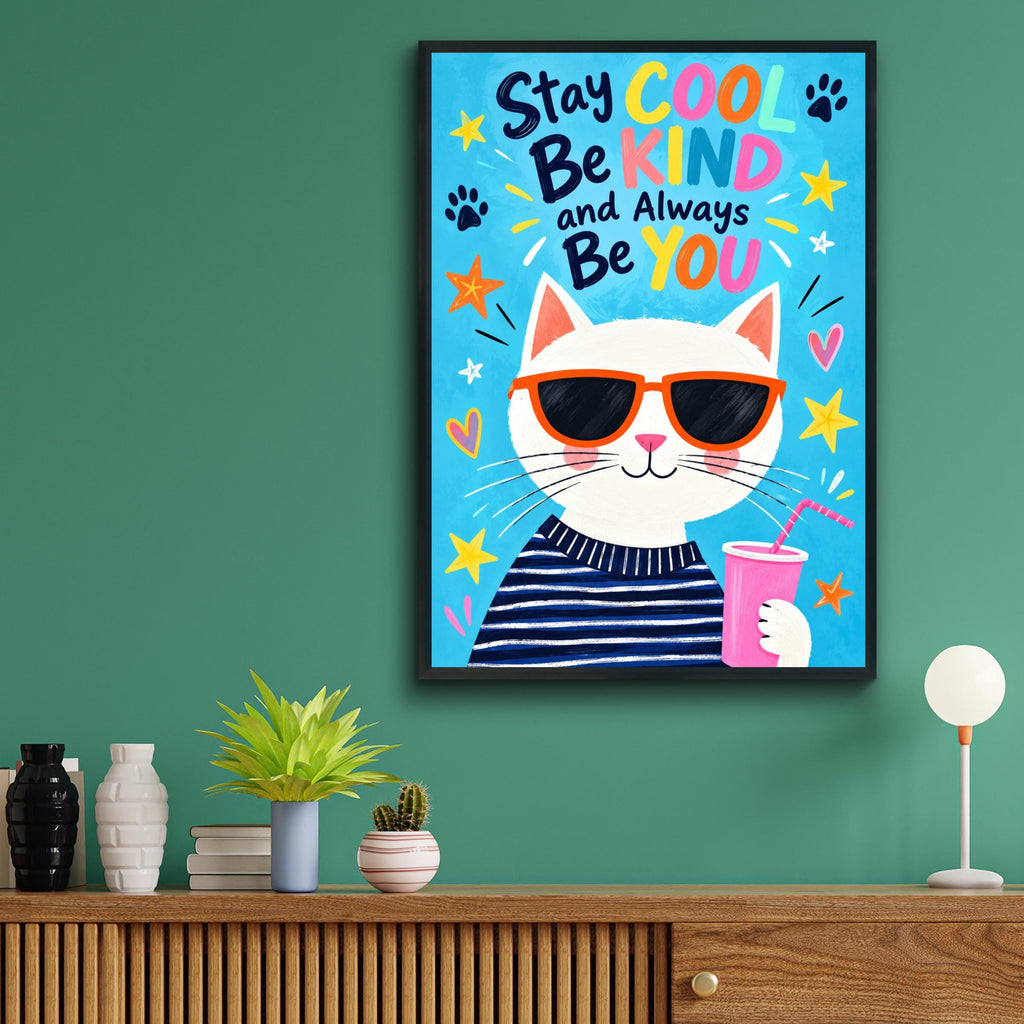 Cool Cat Poster, Stay Cool Be Kind Quote Print, Colourful Kids Room Wall Art, Cute Nursery Decor