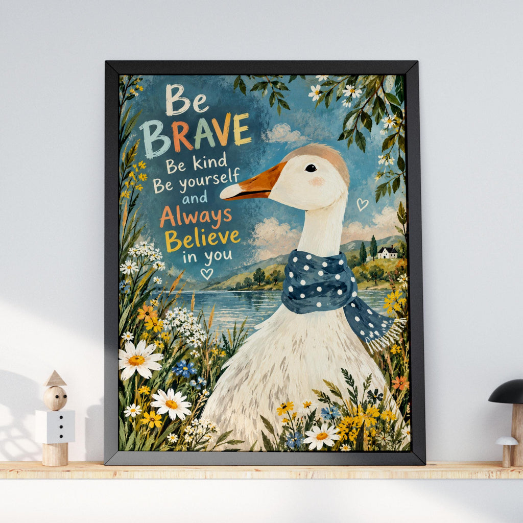 Brave Kind Goose Wall Art, Inspirational Quote Poster, Polka Dot Scarf, Wildflower Lake Nursery