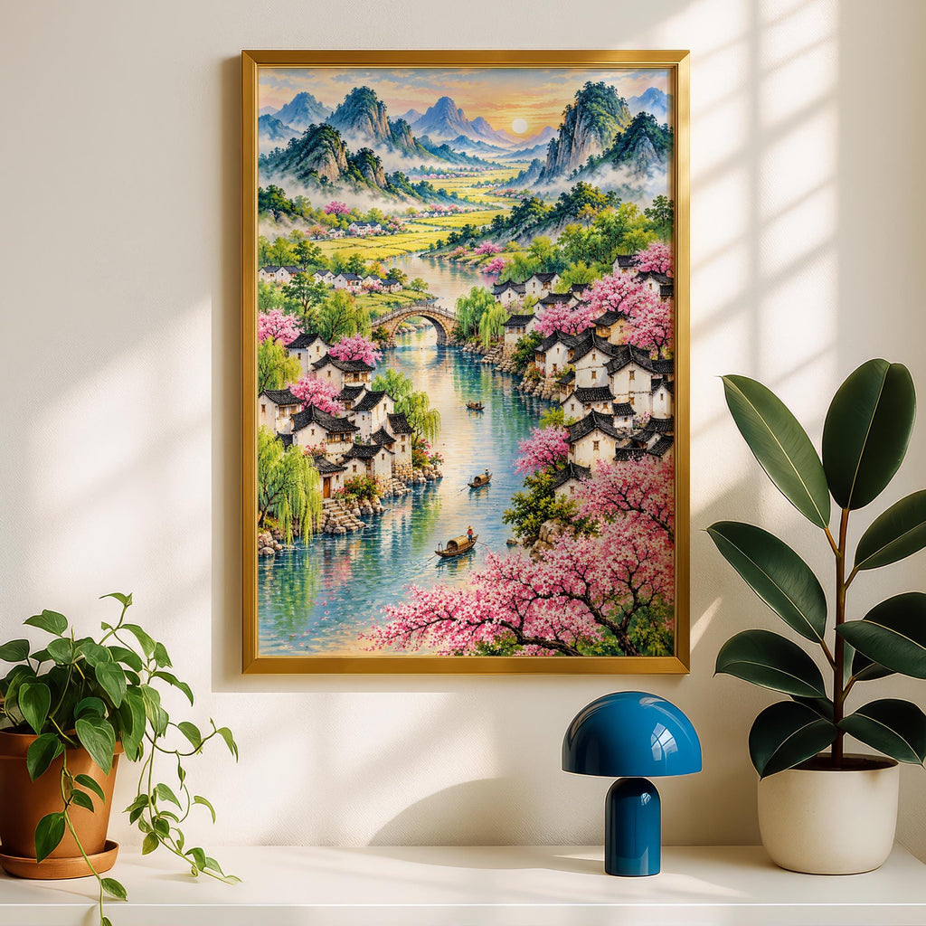 Chinese River Village Cherry Blossom Poster, Spring Landscape Wall Art, Watercolour Mountain Art