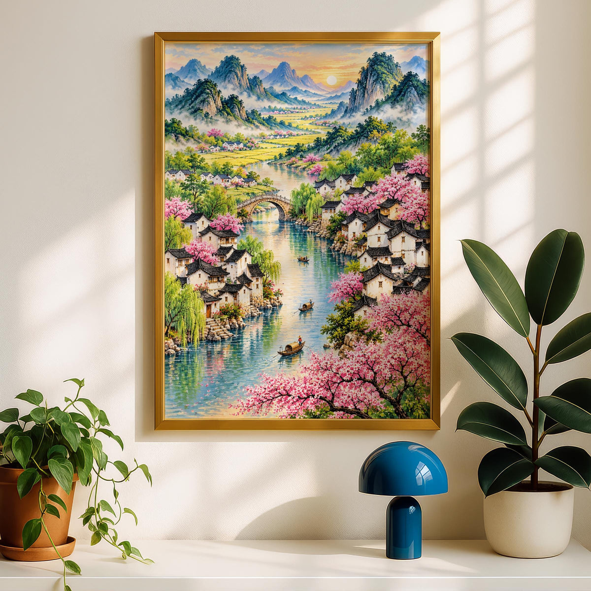Chinese River Village Cherry Blossom Poster, Spring Landscape Wall Art, Watercolour Mountain Art