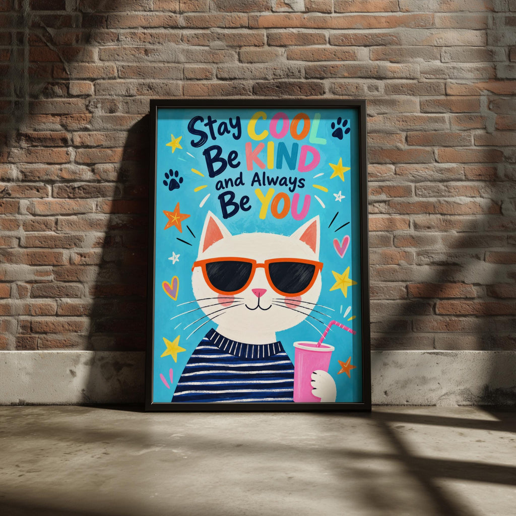 Cool Cat Poster, Stay Cool Be Kind Quote Print, Colourful Kids Room Wall Art, Cute Nursery Decor