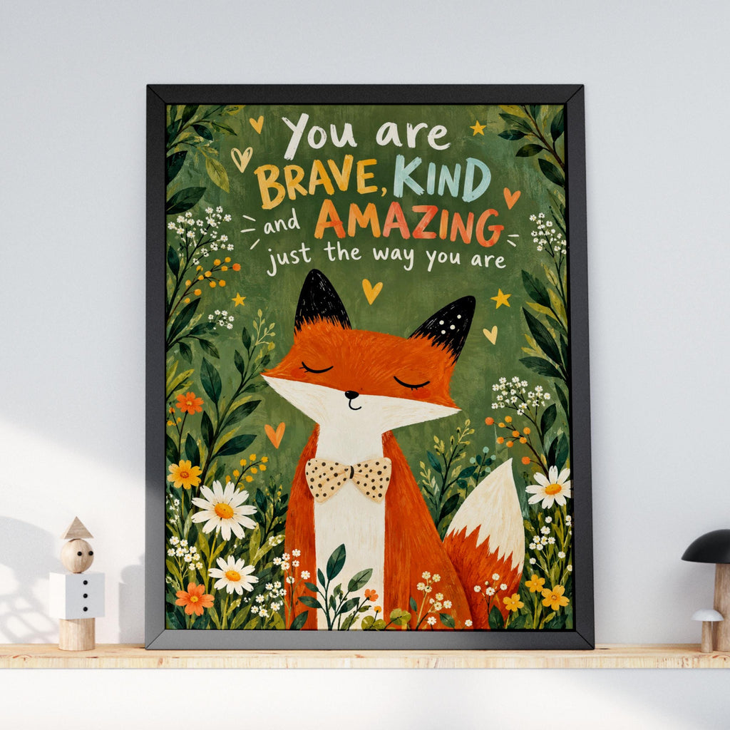 Fox Nursery Wall Art, Brave Kind Amazing Quote Print, Woodland Animal Poster, Kids Room Decor