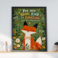 Fox Nursery Wall Art, Brave Kind Amazing Quote Print, Woodland Animal Poster, Kids Room Decor