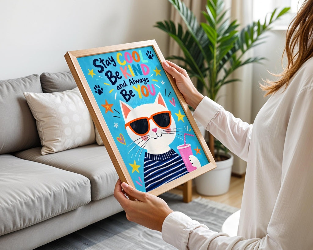 Cool Cat Poster, Stay Cool Be Kind Quote Print, Colourful Kids Room Wall Art, Cute Nursery Decor