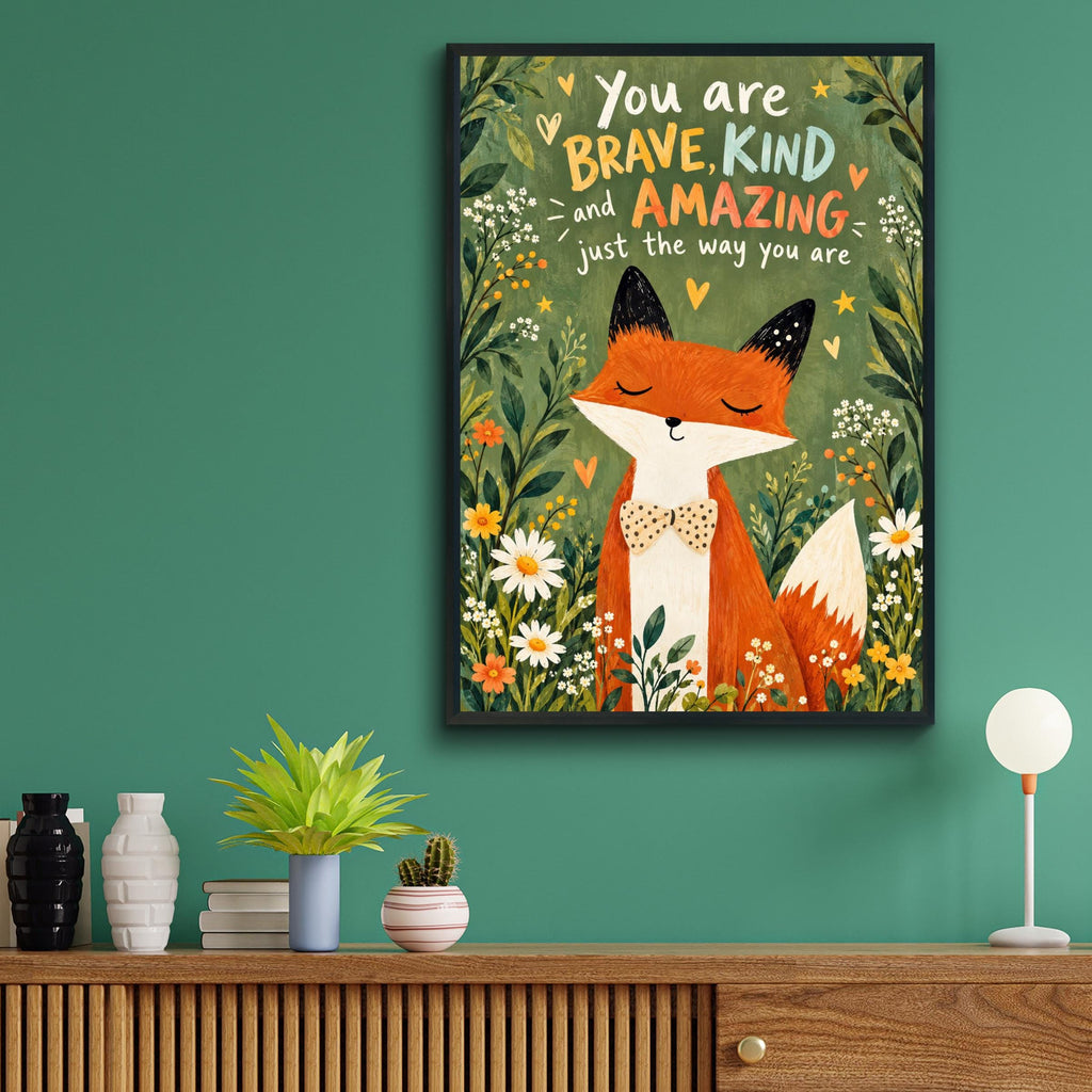 Fox Nursery Wall Art, Brave Kind Amazing Quote Print, Woodland Animal Poster, Kids Room Decor