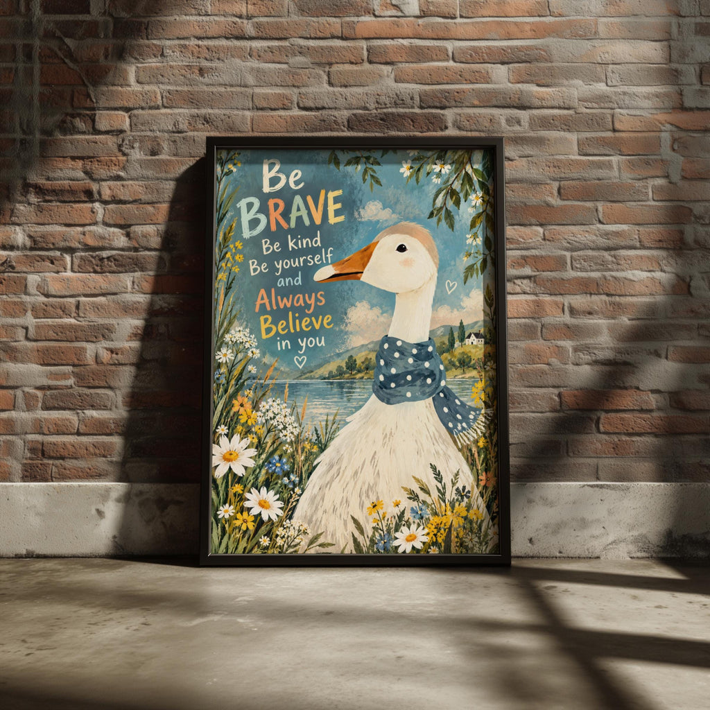 Brave Kind Goose Wall Art, Inspirational Quote Poster, Polka Dot Scarf, Wildflower Lake Nursery
