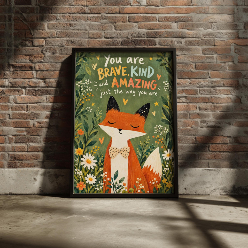 Fox Nursery Wall Art, Brave Kind Amazing Quote Print, Woodland Animal Poster, Kids Room Decor