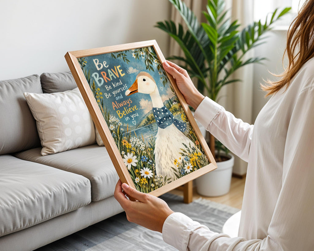 Brave Kind Goose Wall Art, Inspirational Quote Poster, Polka Dot Scarf, Wildflower Lake Nursery