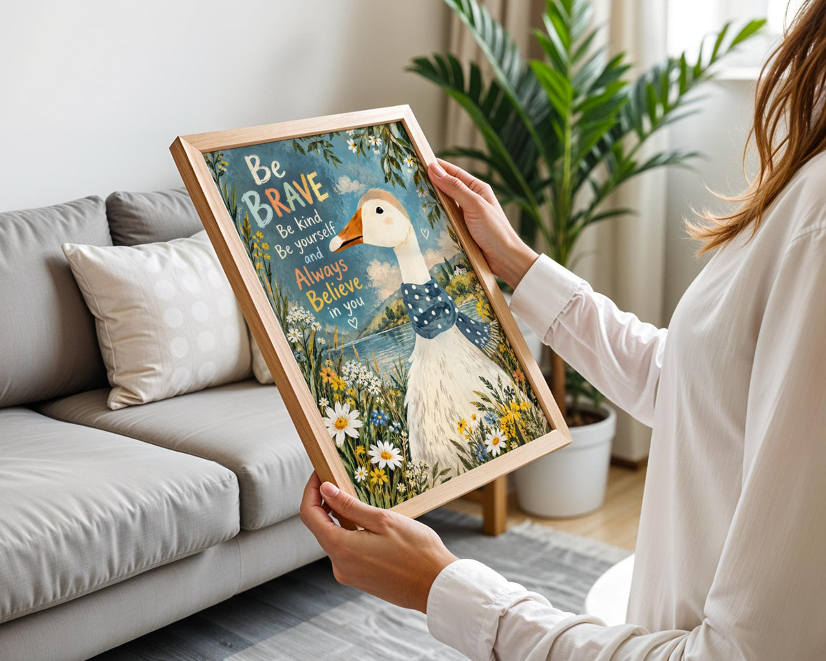 Brave Kind Goose Wall Art, Inspirational Quote Poster, Polka Dot Scarf, Wildflower Lake Nursery