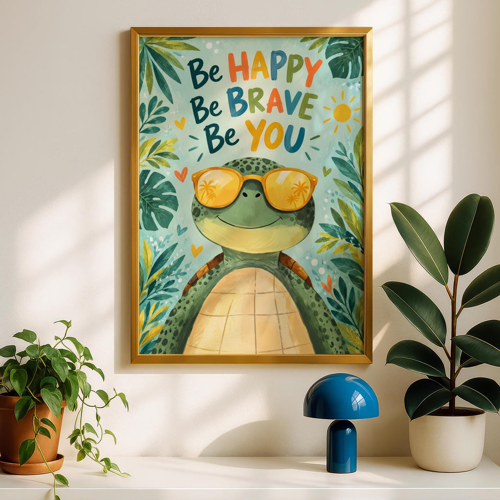 Be Happy Be Brave Be You Turtle Poster, Kids Nursery Wall Art, Sunglasses Sea Turtle, Tropical