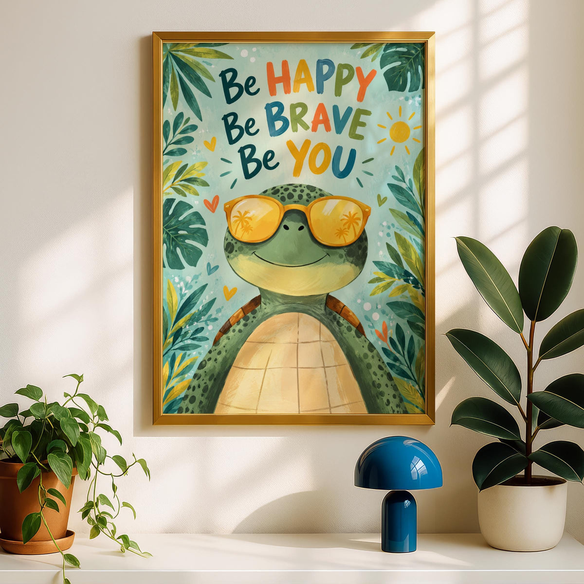 Be Happy Be Brave Be You Turtle Poster, Kids Nursery Wall Art, Sunglasses Sea Turtle, Tropical