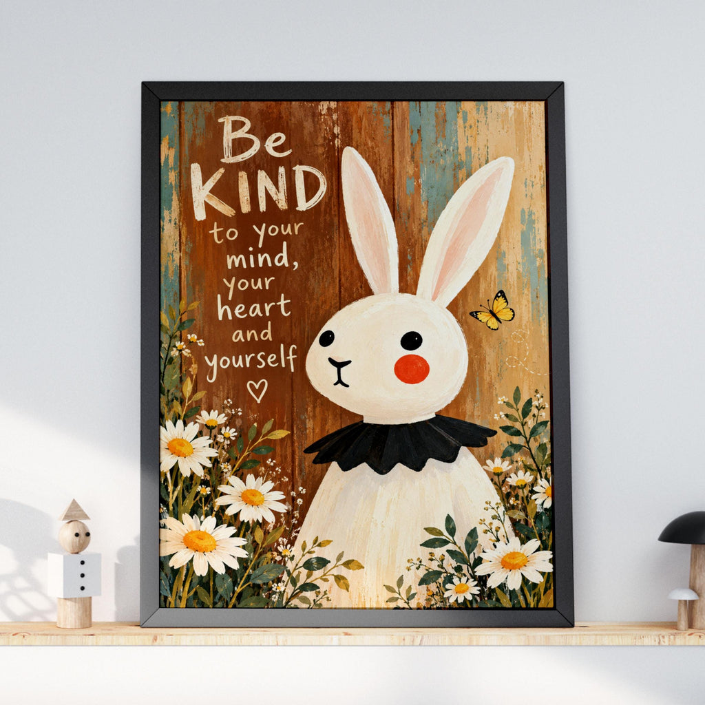 Be Kind Bunny Poster, Inspirational Quote Wall Art, Daisy Flowers, Rustic Wood, Nursery Decor Gift
