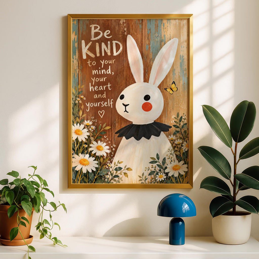 Be Kind Bunny Poster, Inspirational Quote Wall Art, Daisy Flowers, Rustic Wood, Nursery Decor Gift