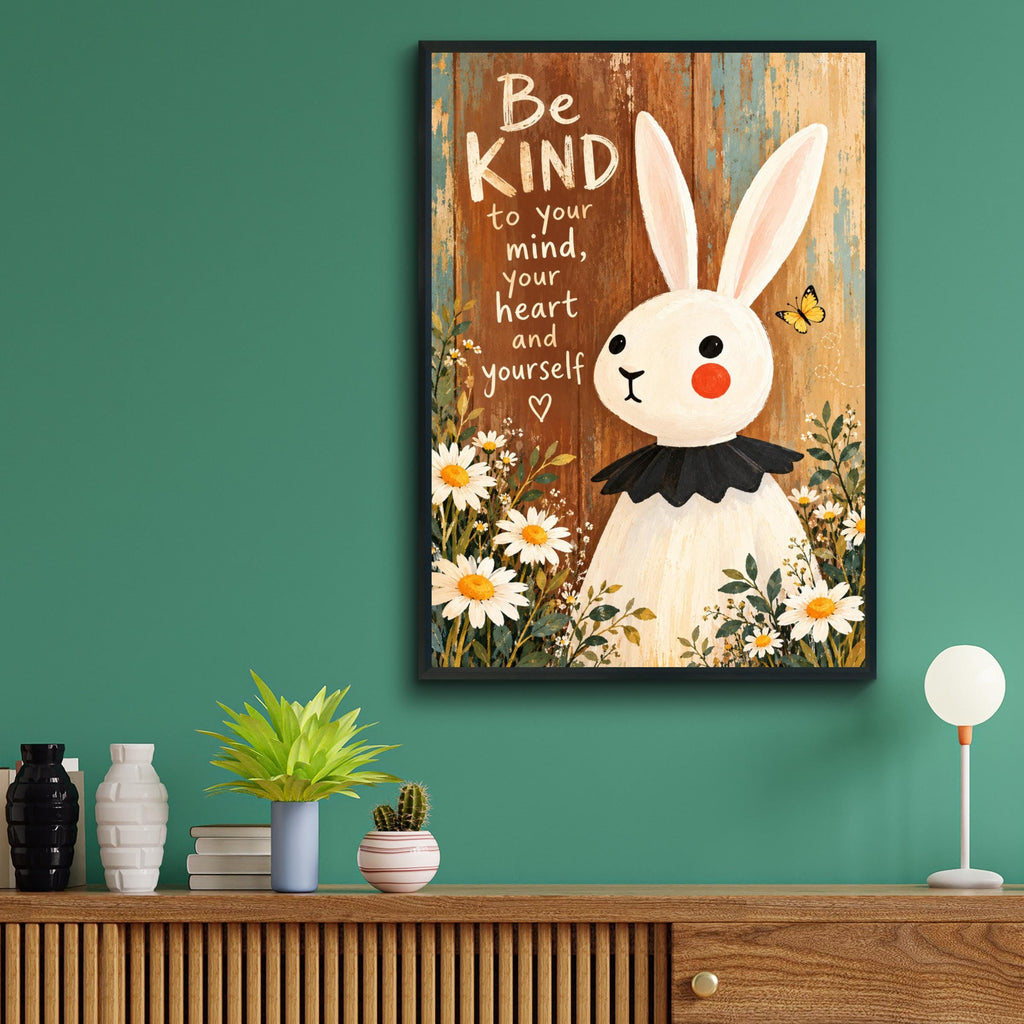 Be Kind Bunny Poster, Inspirational Quote Wall Art, Daisy Flowers, Rustic Wood, Nursery Decor Gift