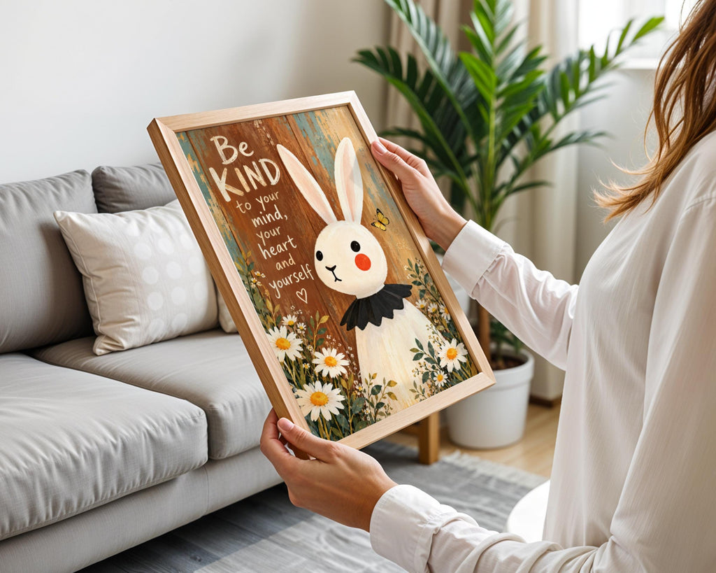 Be Kind Bunny Poster, Inspirational Quote Wall Art, Daisy Flowers, Rustic Wood, Nursery Decor Gift