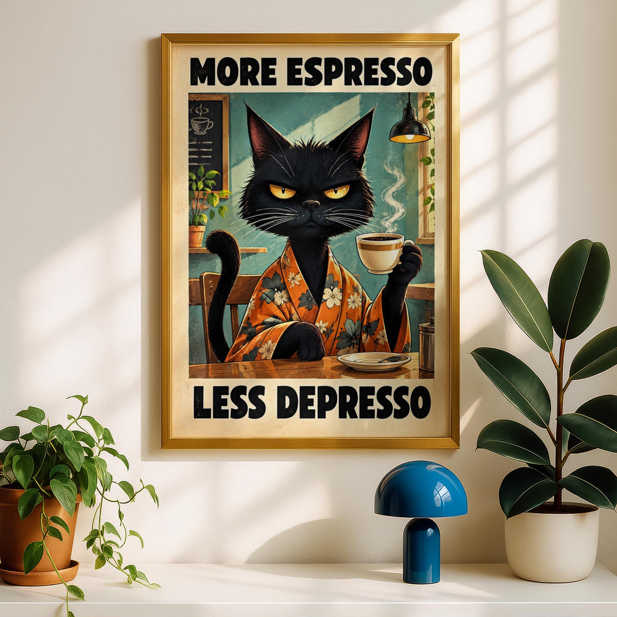 Grumpy Black Cat Coffee Poster, Funny Kitchen Wall Art, More Espresso Less Depresso Cafe Print