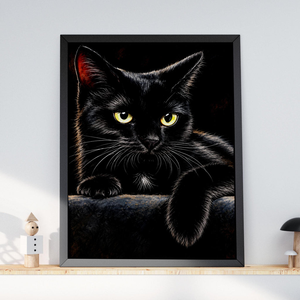 Black Cat Portrait Poster, Golden Eyes Cat Wall Art, Dark Moody Animal Painting, Cat Lover Gift