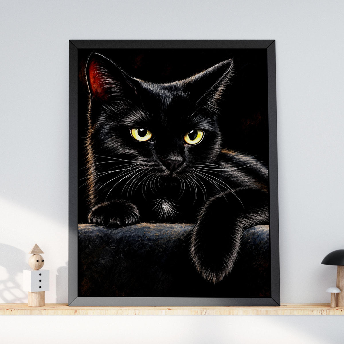 Black Cat Portrait Poster, Golden Eyes Cat Wall Art, Dark Moody Animal Painting, Cat Lover Gift