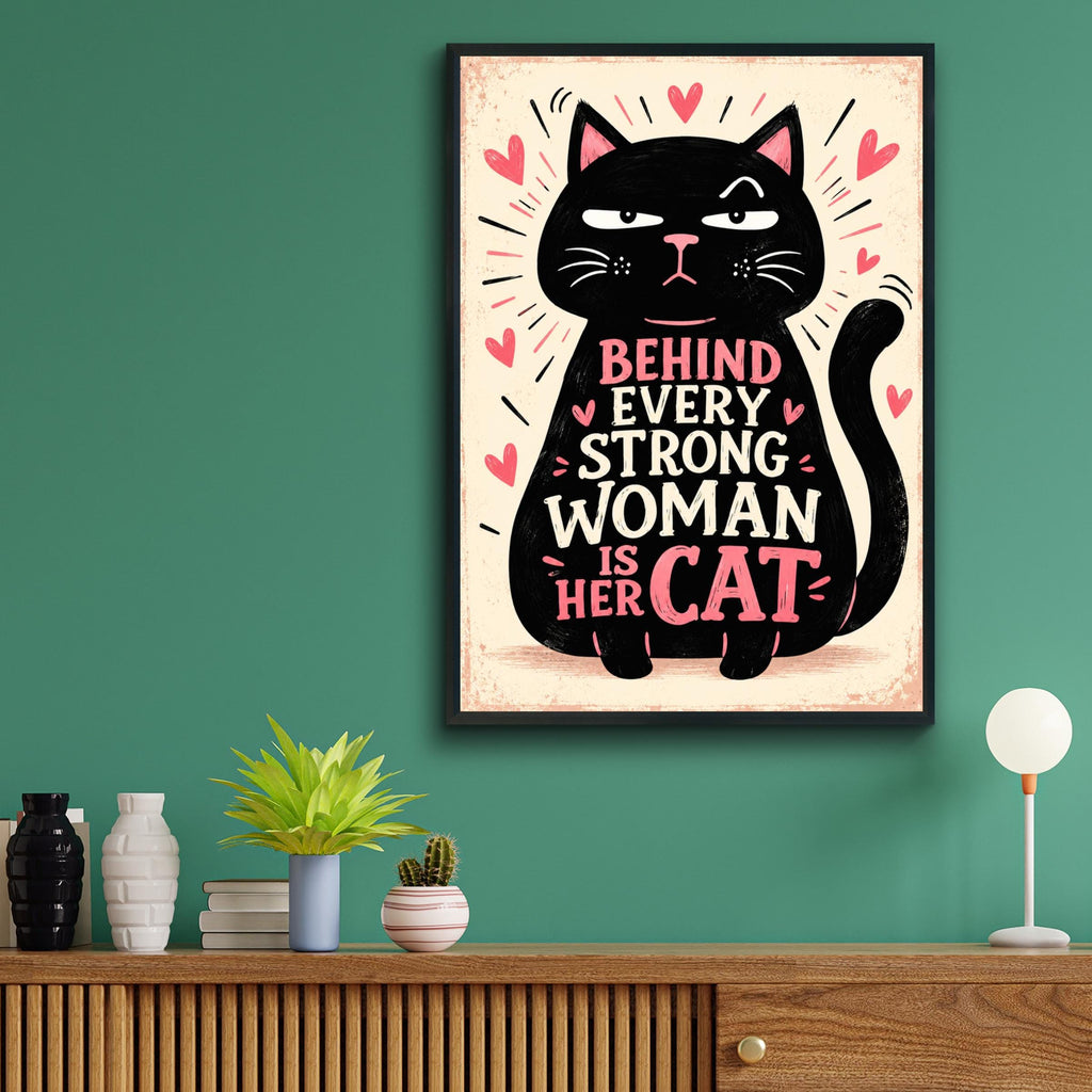 Funny Black Cat Quote Poster, Cat Lover Wall Art, Pink Hearts Typography Print, Grumpy Cat Gift