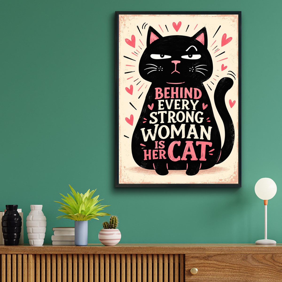 Funny Black Cat Quote Poster, Cat Lover Wall Art, Pink Hearts Typography Print, Grumpy Cat Gift