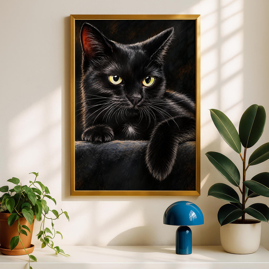 Black Cat Portrait Poster, Golden Eyes Cat Wall Art, Dark Moody Animal Painting, Cat Lover Gift