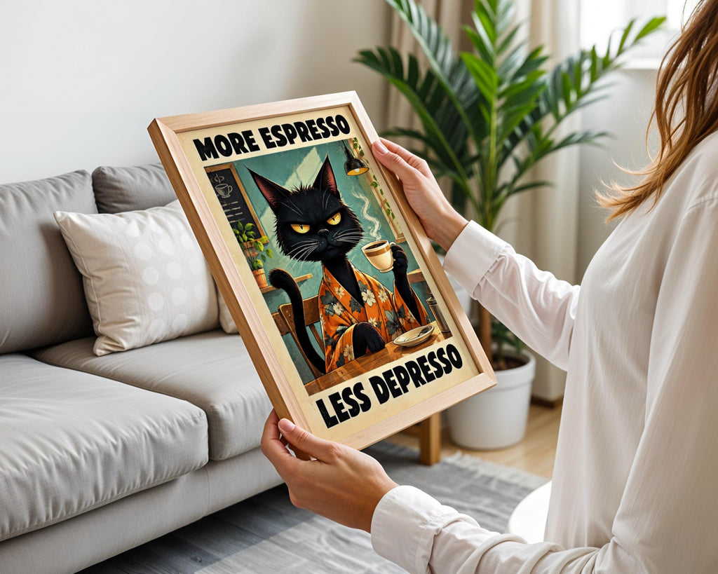 Grumpy Black Cat Coffee Poster, Funny Kitchen Wall Art, More Espresso Less Depresso Cafe Print