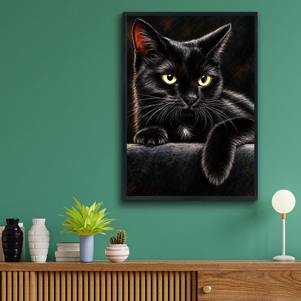Black Cat Portrait Poster, Golden Eyes Cat Wall Art, Dark Moody Animal Painting, Cat Lover Gift