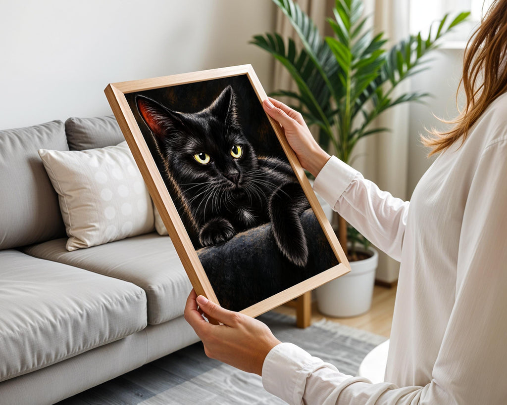 Black Cat Portrait Poster, Golden Eyes Cat Wall Art, Dark Moody Animal Painting, Cat Lover Gift