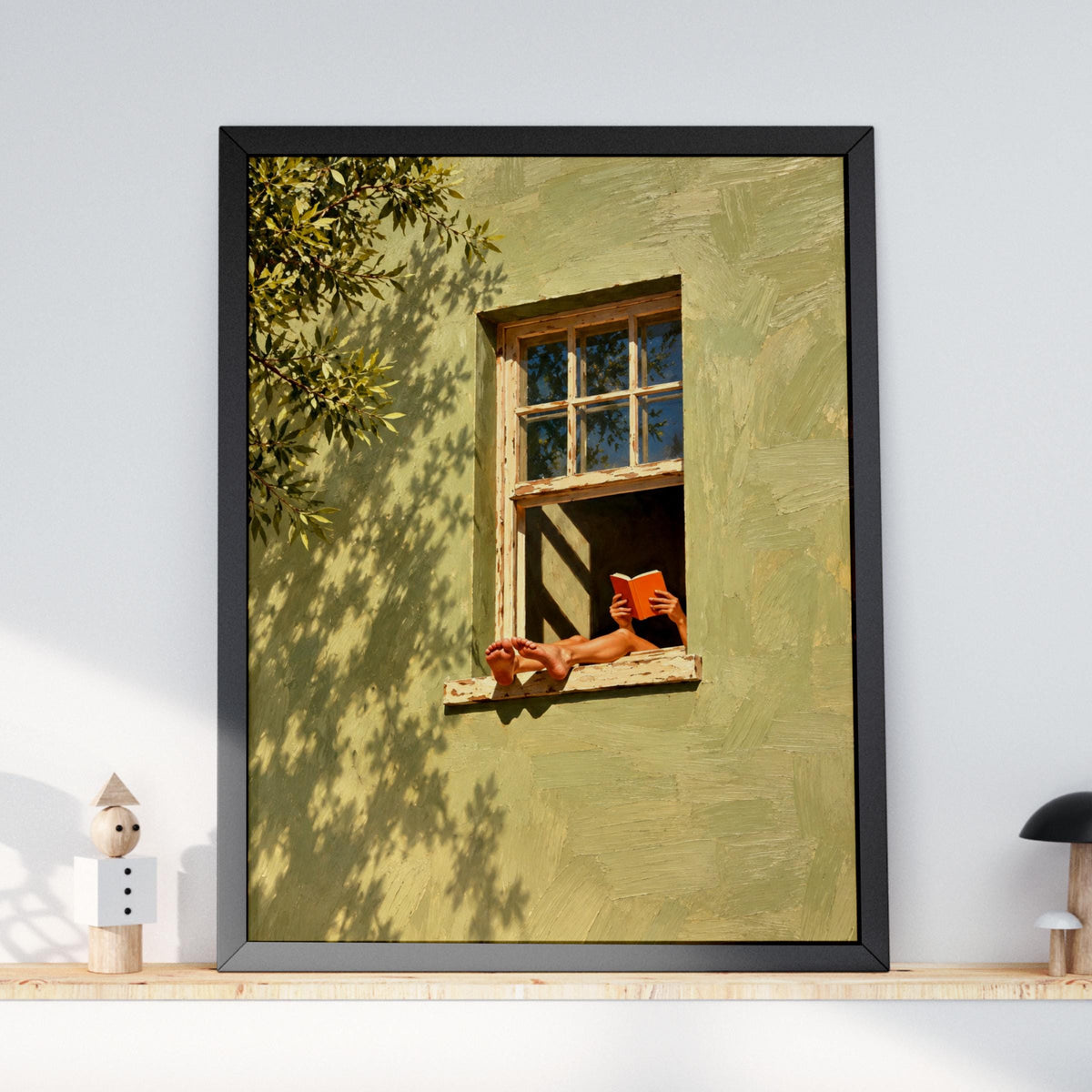 Sunlit Reading Window Oil Painting, Sage Green Wall Art, Cosy Book Lover Poster, Summer Wall Decor