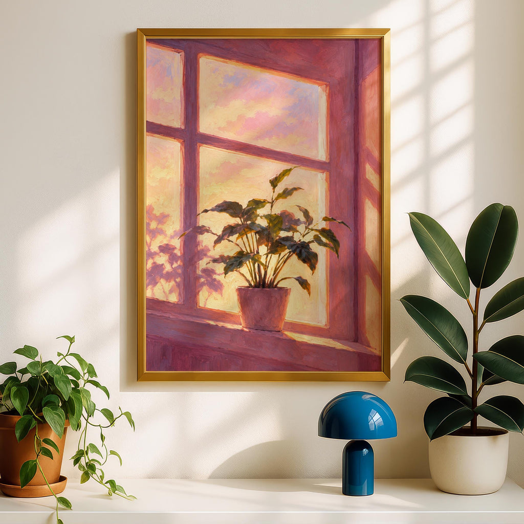 Sunset Window Houseplant Oil Painting Print, Pink Golden Hour Wall Art, Cosy Botanical Poster