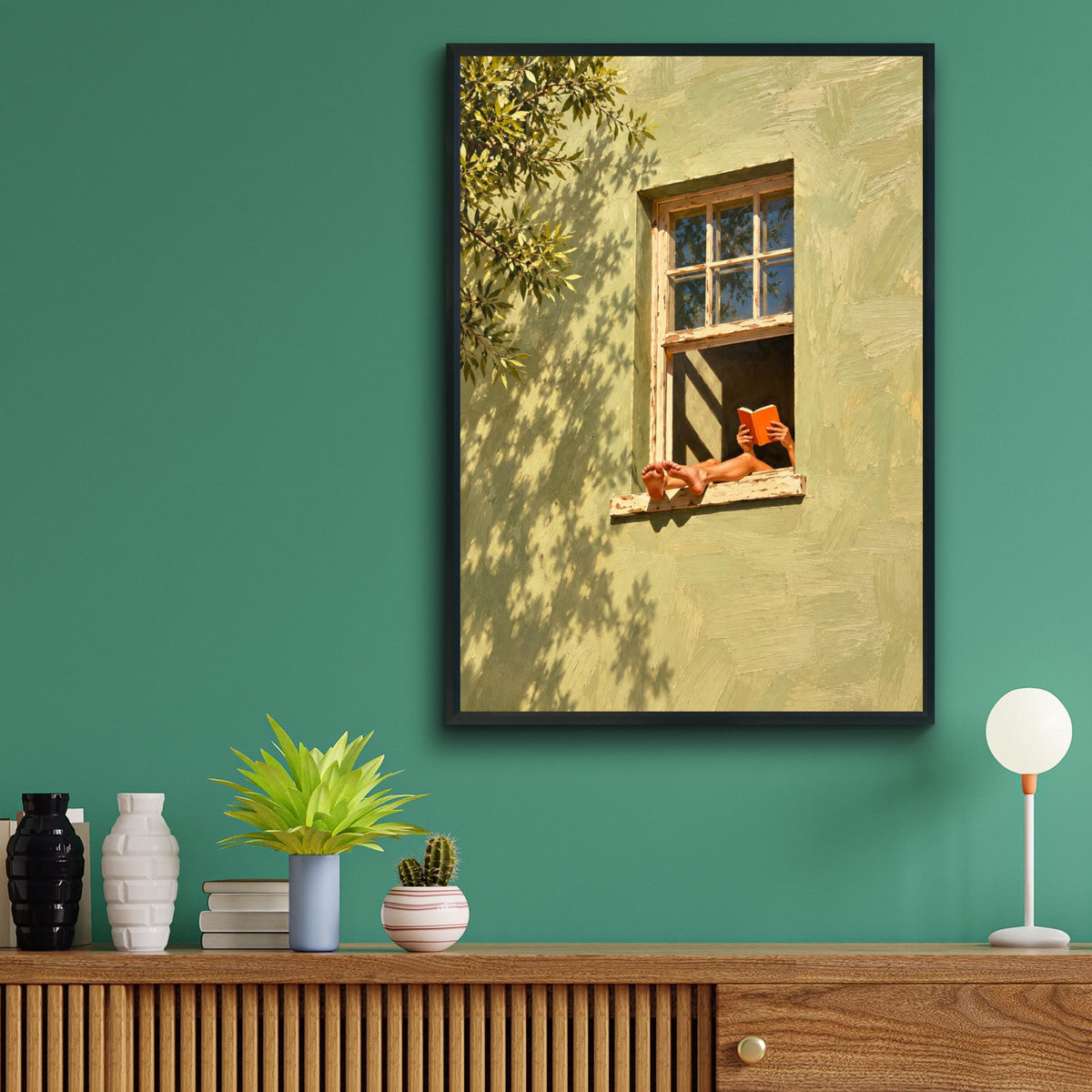 Sunlit Reading Window Oil Painting, Sage Green Wall Art, Cosy Book Lover Poster, Summer Wall Decor