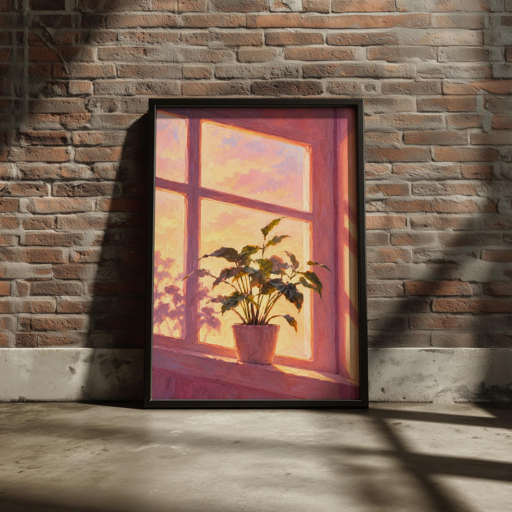 Sunset Window Houseplant Oil Painting Print, Pink Golden Hour Wall Art, Cosy Botanical Poster